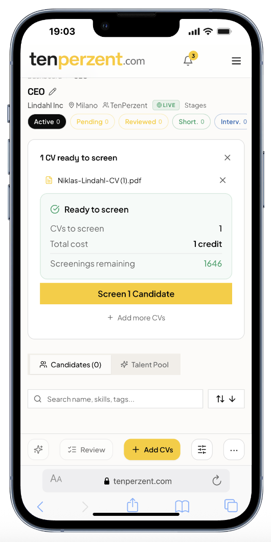 Caricamento e screening dei CV da mobile